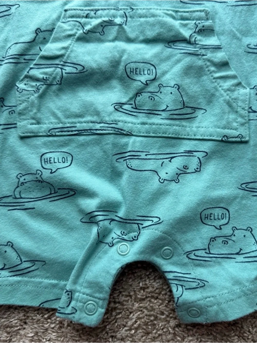 Carter’s Baby Hooded Short Sleeve Romper Hippo Print Aqua 9 Months